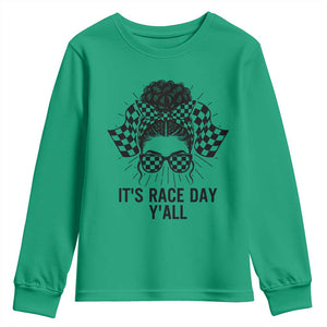 Racing Car Checkered Flag Youth Sweatshirt Messy Bun Woman Race Day TS14 Irish Green Print Your Wear