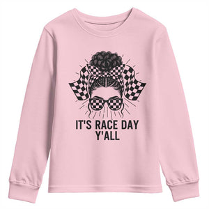Racing Car Checkered Flag Youth Sweatshirt Messy Bun Woman Race Day TS14 Light Pink Print Your Wear