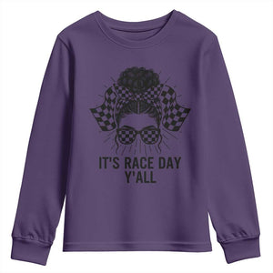 Racing Car Checkered Flag Youth Sweatshirt Messy Bun Woman Race Day TS14 Purple Print Your Wear