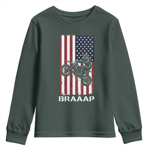 Dirt Bike Youth Sweatshirt Braaap American Flag Motocross TS14 Dark Forest Green Print Your Wear