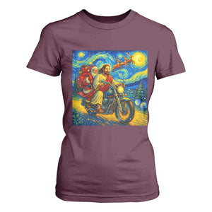 Dirt Bike Motocross T Shirt For Women Jesus Santa Christmas Starry Night TS14 Maroon Print Your Wear