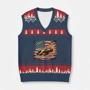 Racing Car V-Neck Knit Sweater Vest Patriotic American Flag Race TS14 Navy Red Print Your Wear
