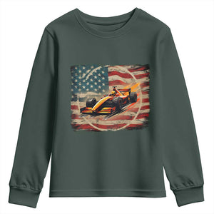 Racing Car Youth Sweatshirt Patriotic American Flag Race TS14 Dark Forest Green Print Your Wear