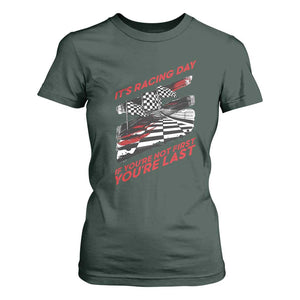 Funny Racing Car Flag T Shirt For Women It Is Racing Day TS14 Dark Forest Green Print Your Wear
