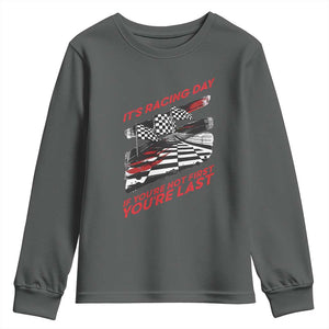 Funny Racing Car Flag Youth Sweatshirt It Is Racing Day TS14 Dark Heather Print Your Wear