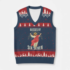 Christian 67 Meme V-Neck Knit Sweater Vest Blesses By Six Seven Funny TS14 Navy Red Print Your Wear