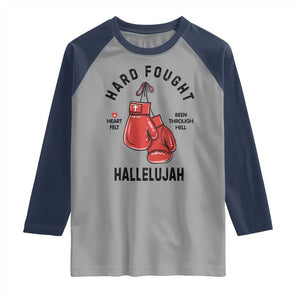 Hard Fought Hallelujah Raglan Shirt Christian Boxing Gloves Bible Verse Faith TS14 Sport Gray Navy Print Your Wear