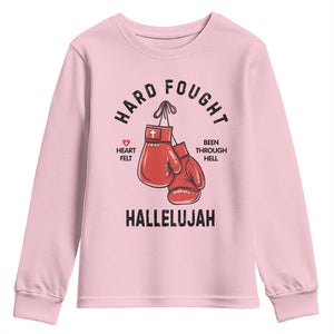Hard Fought Hallelujah Youth Sweatshirt Christian Boxing Gloves Bible Verse Faith TS14 Light Pink Print Your Wear