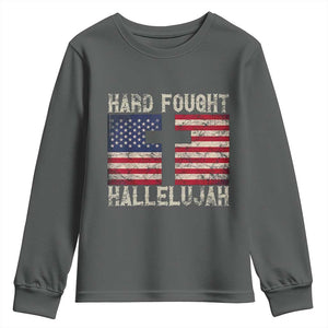 Hard Fought Hallelujah Youth Sweatshirt Patriotic Christian Faith American Flag TS14 Dark Heather Print Your Wear