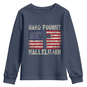 Hard Fought Hallelujah Youth Sweatshirt Patriotic Christian Faith American Flag TS14 Navy Print Your Wear