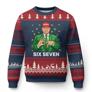67 Trump St Patricks Day Ugly Christmas Sweater Funny Six Seven Hands Meme Political TS14 Navy Red Print Your Wear