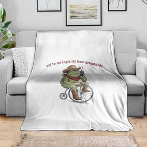 Off to Wrangle My Feral Grandkids Throw Blanket Funny Cowboy Frog Grandpa Western Meme TS14 Print Your Wear