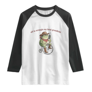 Off to Wrangle My Feral Grandkids Raglan Shirt Funny Cowboy Frog Grandpa Western Meme TS14 White Black Print Your Wear