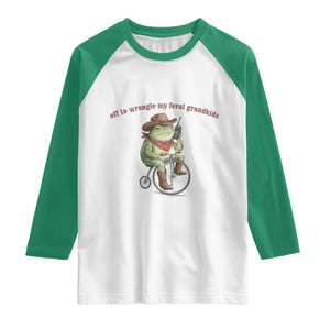 Off to Wrangle My Feral Grandkids Raglan Shirt Funny Cowboy Frog Grandpa Western Meme TS14 White Kelly Green Print Your Wear