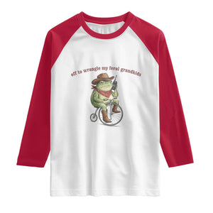Off to Wrangle My Feral Grandkids Raglan Shirt Funny Cowboy Frog Grandpa Western Meme TS14 White Red Print Your Wear