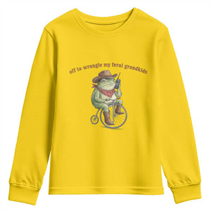Off to Wrangle My Feral Grandkids Youth Sweatshirt Funny Cowboy Frog Grandpa Western Meme