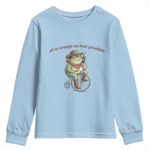 Off to Wrangle My Feral Grandkids Youth Sweatshirt Funny Cowboy Frog Grandpa Western Meme