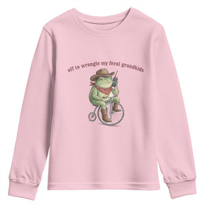 Off to Wrangle My Feral Grandkids Youth Sweatshirt Funny Cowboy Frog Grandpa Western Meme