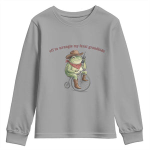 Off to Wrangle My Feral Grandkids Youth Sweatshirt Funny Cowboy Frog Grandpa Western Meme