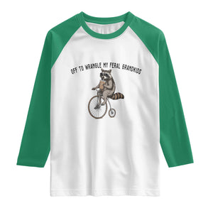 Off To Wranglin My Feral Grandkids Raglan Shirt Funny Raccoon Grandpa Father's Day Gift TS14 White Kelly Green Print Your Wear