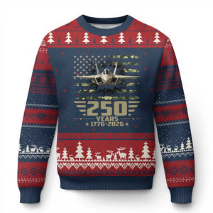 250 Years Anniversary Ugly Christmas Sweater Patriotic Jet Fighter US Flag Camo