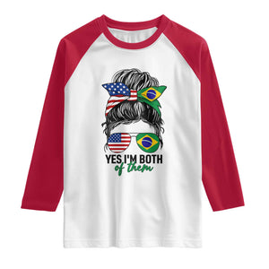 Half American And Brazilian America Brazil Brasil Flag Girl Raglan Shirt Yes I'm Both of Them