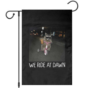 We Ride at Dawn Garden Flag Funny Racoon Riding Tricycle Chaotic Meme