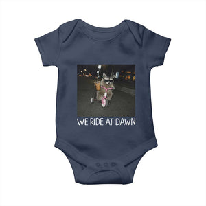 We Ride at Dawn Baby Onesie Funny Racoon Riding Tricycle Chaotic Meme