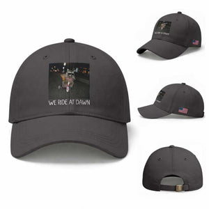 We Ride at Dawn Baseball Cap Funny Racoon Riding Tricycle Chaotic Meme