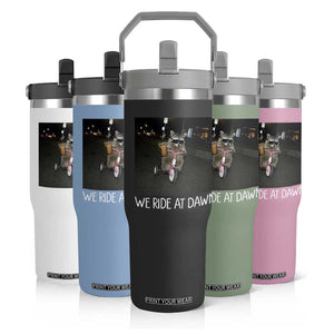 We Ride at Dawn Flip Straw Tumbler Funny Racoon Riding Tricycle Chaotic Meme
