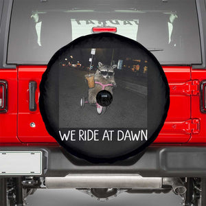 We Ride at Dawn Spare Tire Cover Funny Racoon Riding Tricycle Chaotic Meme