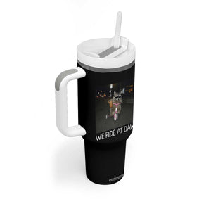 We Ride at Dawn Tumbler With Handle Funny Racoon Riding Tricycle Chaotic Meme
