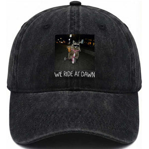 We Ride at Dawn Washed Cotton Baseball Cap Funny Racoon Riding Tricycle Chaotic Meme