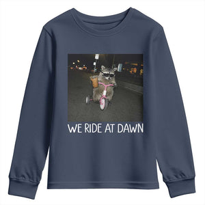 We Ride at Dawn Youth Sweatshirt Funny Racoon Riding Tricycle Chaotic Meme