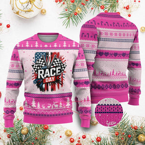 Checkered Flag Racing Ugly Christmas Sweater Race Day Team Lover TS14 Hot Pink Print Your Wear