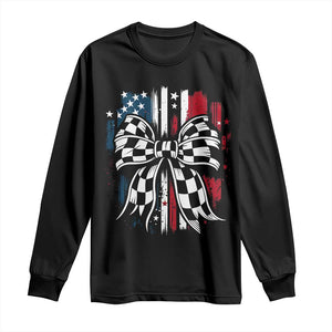 Patriotic Coquette Bow Checkered Flag Race Car Racing Long Sleeve Shirt TS14 Black Print Your Wear