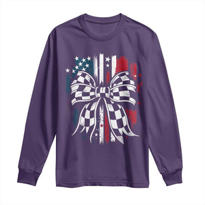 Patriotic Coquette Bow Checkered Flag Race Car Racing Long Sleeve Shirt TS14 Purple Print Your Wear