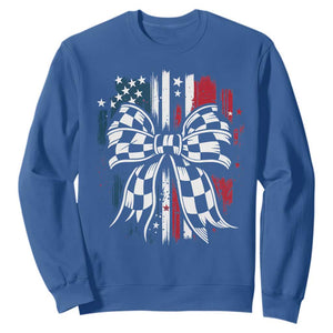 Patriotic Coquette Bow Checkered Flag Race Car Racing Sweatshirt TS14 Royal Blue Print Your Wear