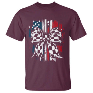 Patriotic Coquette Bow Checkered Flag Race Car Racing T Shirt TS14 Maroon Print Your Wear