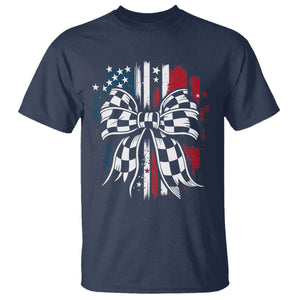 Patriotic Coquette Bow Checkered Flag Race Car Racing T Shirt TS14 Navy Print Your Wear