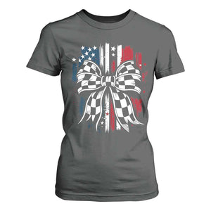Patriotic Coquette Bow Checkered Flag Race Car Racing T Shirt For Women TS14 Dark Heather Print Your Wear