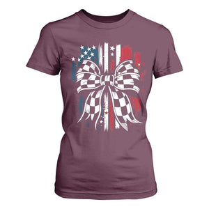 Patriotic Coquette Bow Checkered Flag Race Car Racing T Shirt For Women TS14 Maroon Print Your Wear