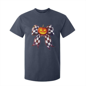 Race Car Halloween T Shirt For Kid Pumpkin Checkered Coquette Bow TS14 Navy Print Your Wear