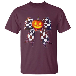 Race Car Halloween T Shirt Pumpkin Checkered Coquette Bow TS14 Maroon Print Your Wear