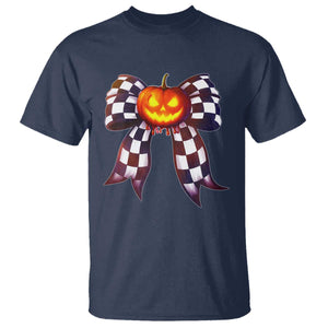 Race Car Halloween T Shirt Pumpkin Checkered Coquette Bow TS14 Navy Print Your Wear