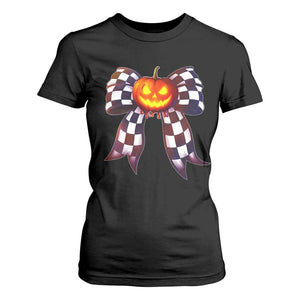 Race Car Halloween T Shirt For Women Pumpkin Checkered Coquette Bow TS14 Black Print Your Wear