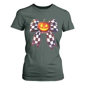 Race Car Halloween T Shirt For Women Pumpkin Checkered Coquette Bow TS14 Dark Forest Green Print Your Wear