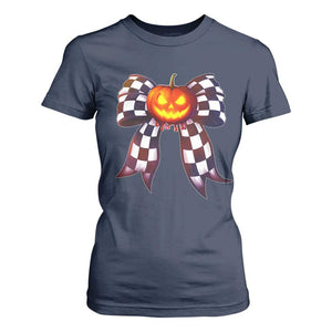Race Car Halloween T Shirt For Women Pumpkin Checkered Coquette Bow TS14 Navy Print Your Wear
