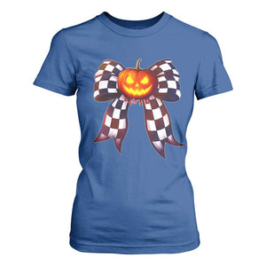 Race Car Halloween T Shirt For Women Pumpkin Checkered Coquette Bow TS14 Royal Blue Print Your Wear
