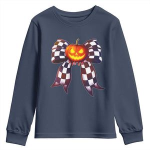 Race Car Halloween Youth Sweatshirt Pumpkin Checkered Coquette Bow TS14 Navy Print Your Wear